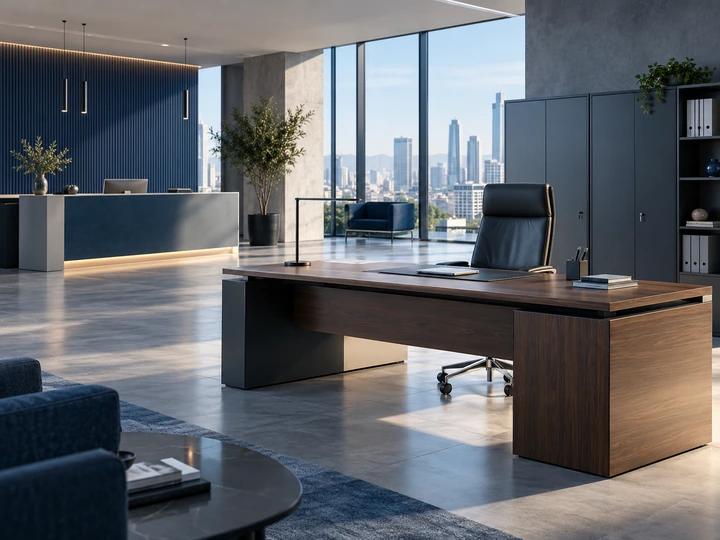 Ufficio direzionale con scrivania, poltrona, reception e armadi