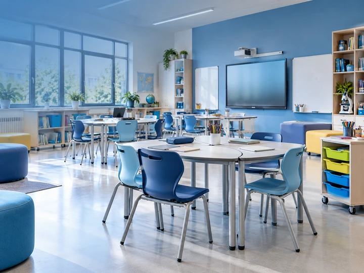 Aula scolastica con banchi, computer e lavagna interattiva
